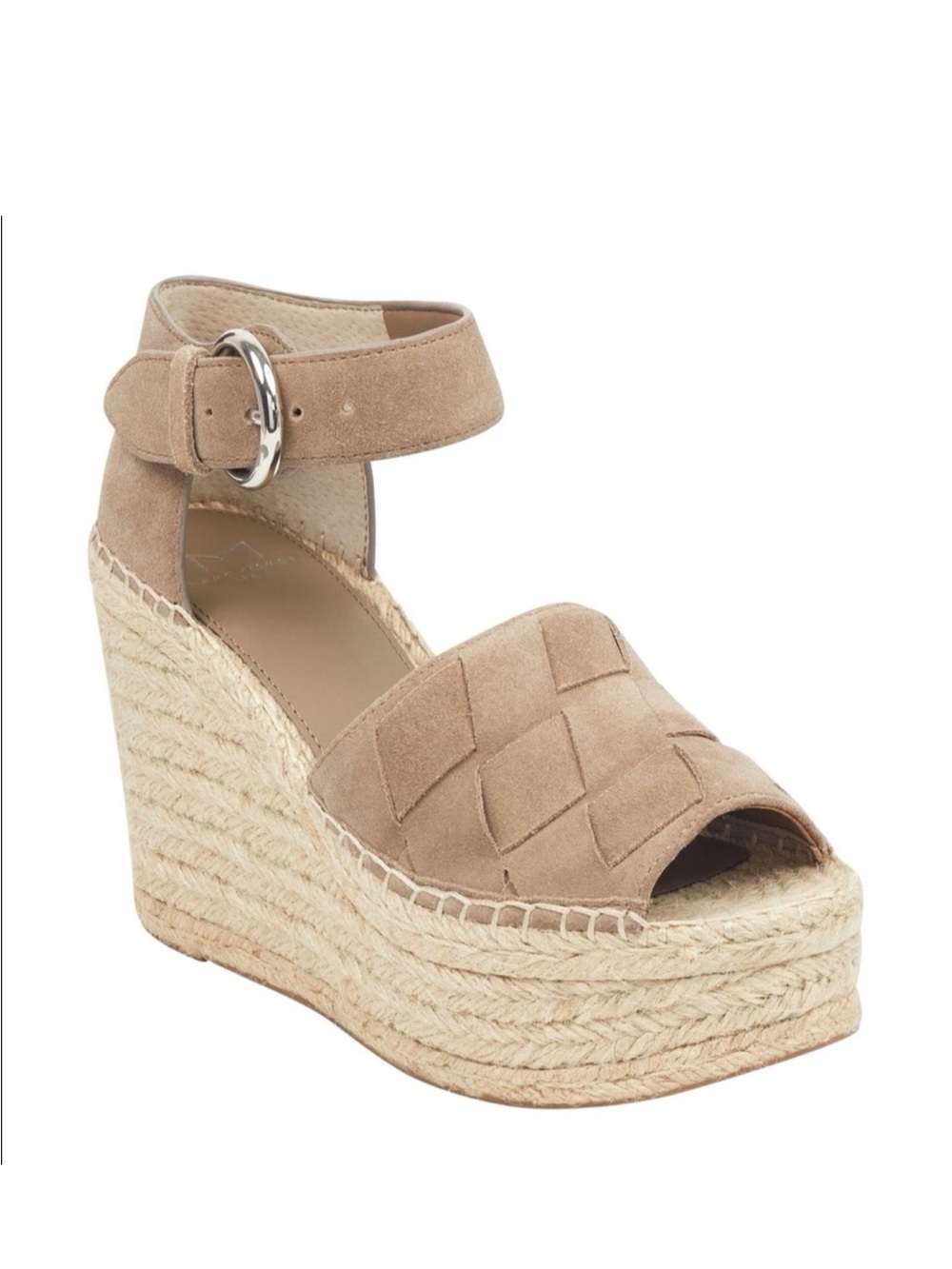 Marc Fisher Taupe Suede Woven Espadrille Wedge Sandals with Ankle Buckle